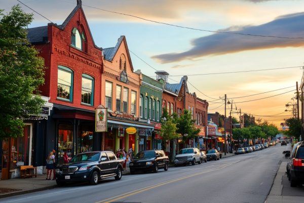 Historic downtown Germantown, TN, at sunset, featuring charming brick buildings, boutique shops, and tree-lined streets. Expert lawn care services available in Germantown and surrounding Mid-South areas.