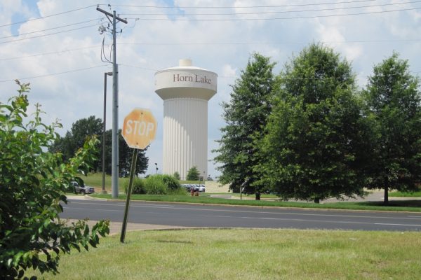 Horn Lake, MS water tower with surrounding greenery and trees, representing the city's well-maintained landscapes. Professional lawn care services available in Horn Lake and the Mid-South region.