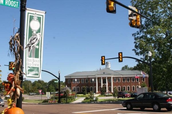 Historic downtown Olive Branch, MS, featuring a well-maintained landscape, a government building, and local charm. Proudly serving the Olive Branch community with expert lawn care services.